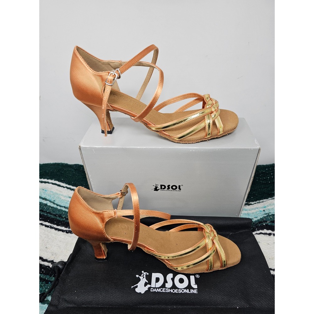DSOL Classic Tan Satin Gold Metallic Ballroom Latin Dance Shoes Womens 9.5